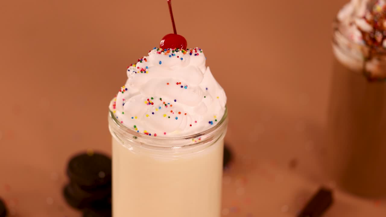 Vanilla milkshake in glass jar, topped with whipped cream, sprinkles, cherry, warm studio lighting