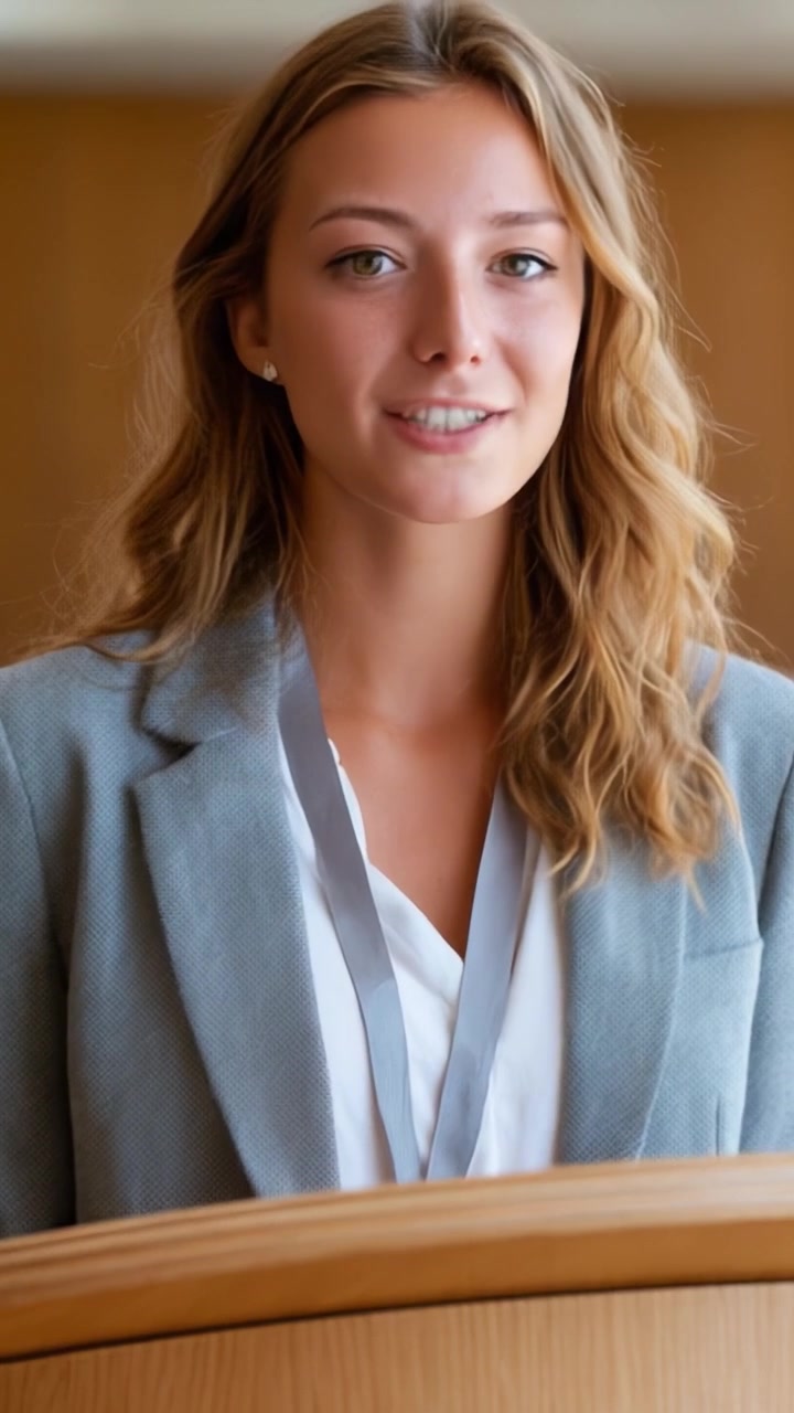 Giovane donna sicura di sé in abbigliamento professionale che interagisce con il pubblico e crea un'atmosfera positiva a un evento formale o una conferenza