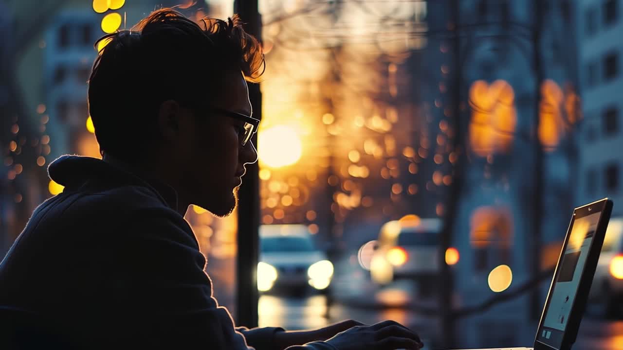 Uomo che lavora al laptop in un caffè al tramonto
