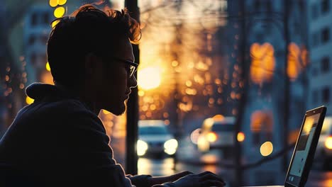 man working on laptop in cafe at sunset