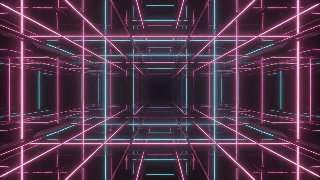Tunnel a Griglia Neon Astratto che Avanza nello Spazio Oscuro