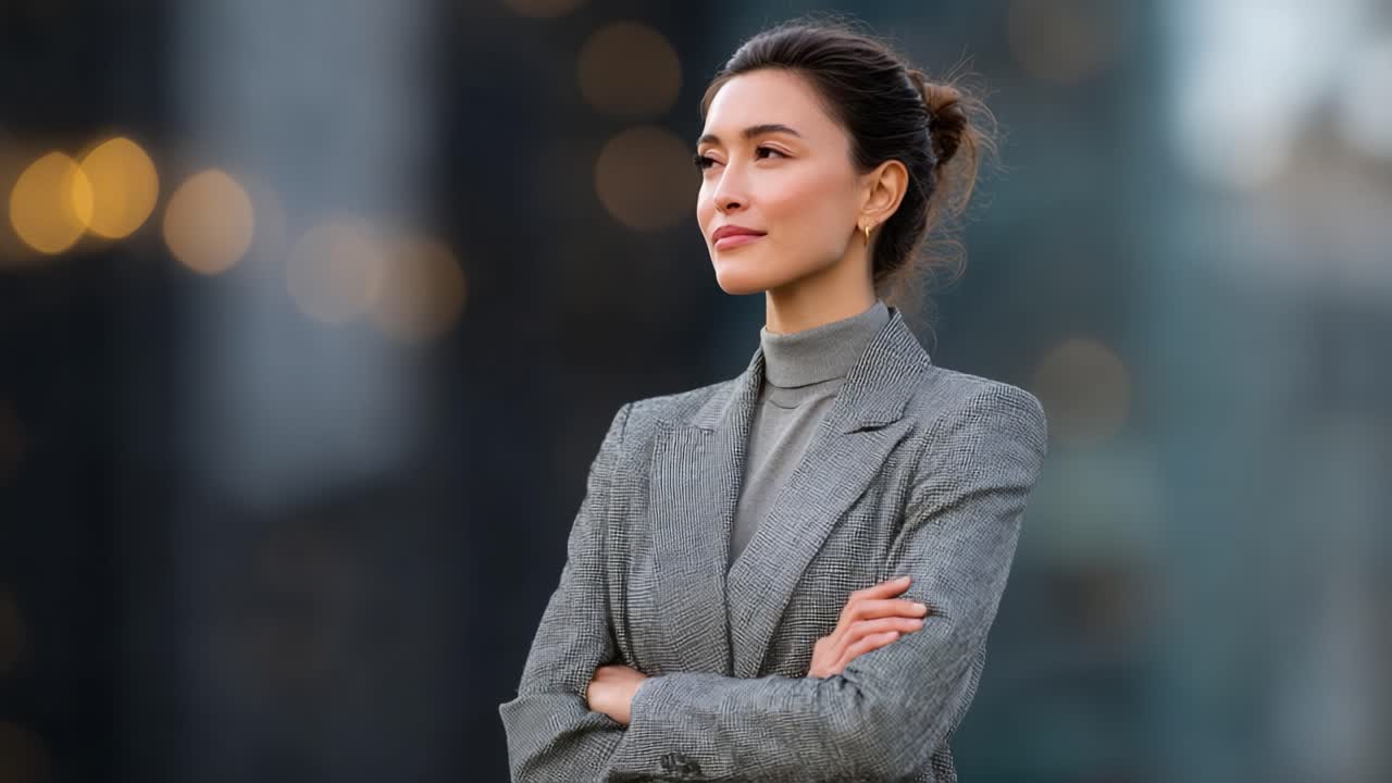 Confident Businesswoman Exuding Calm Resilience and Professionalism Against a Modern Urban Backdrop, Embodying Empowerment and Self-Assurance in a Dynamic Environment
