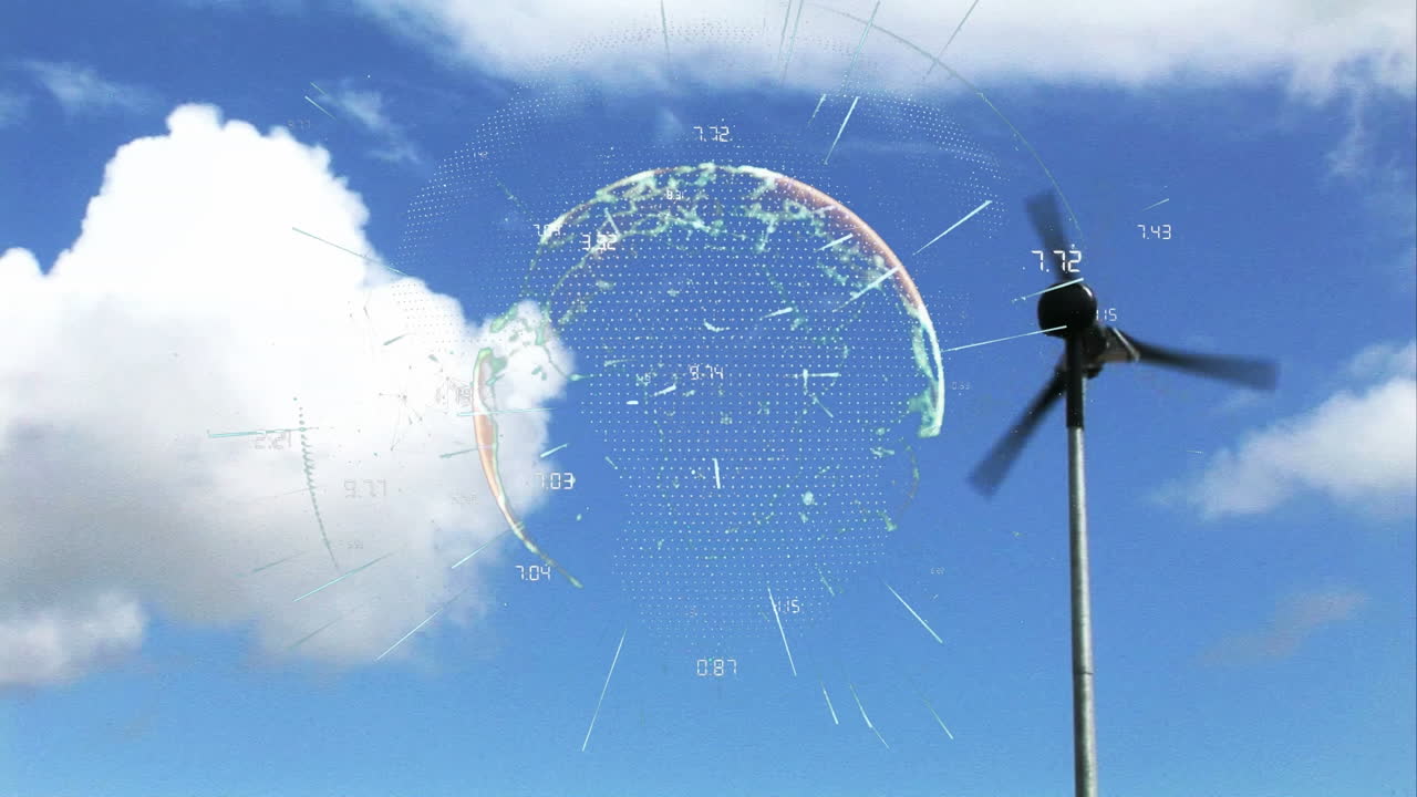 animación del globo con números sobre la turbina eólica