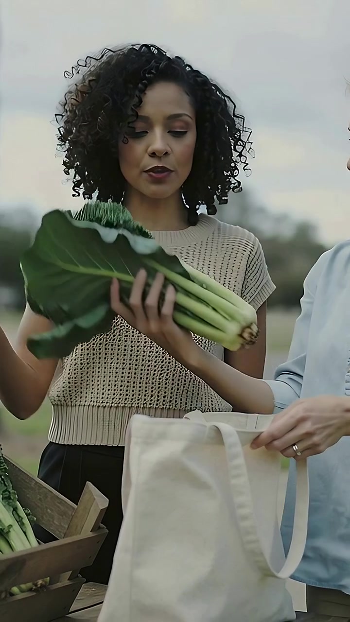 Vídeo vertical: Alcançando vegetais, duas mulheres enchendo uma sacola de lona em uma feira livre enquanto fazem compras