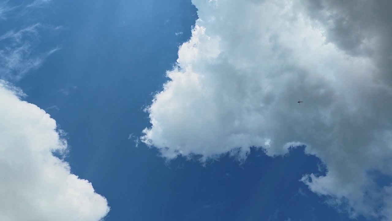 Beautiful white and gray cumulus clouds drifting across a bright blue sky on a sunny day