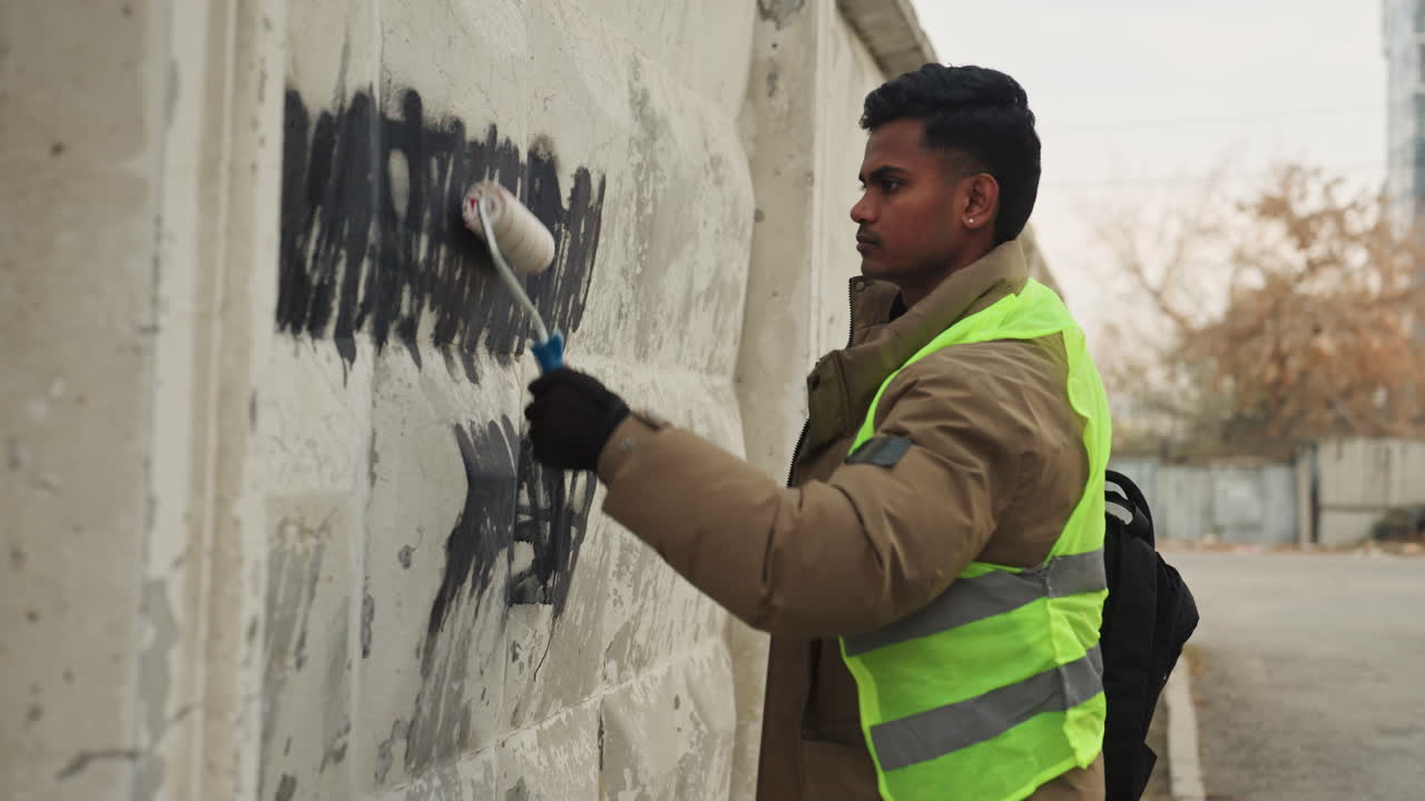 Uomo asiatico che rimuove graffiti da un muro, restauratore comunale che applica un rullo per pittura per coprire scritte nere, indossando un giubbotto riflettente e una giacca calda, con mani guantate. Pannello urbano in cemento, con passate metodiche.