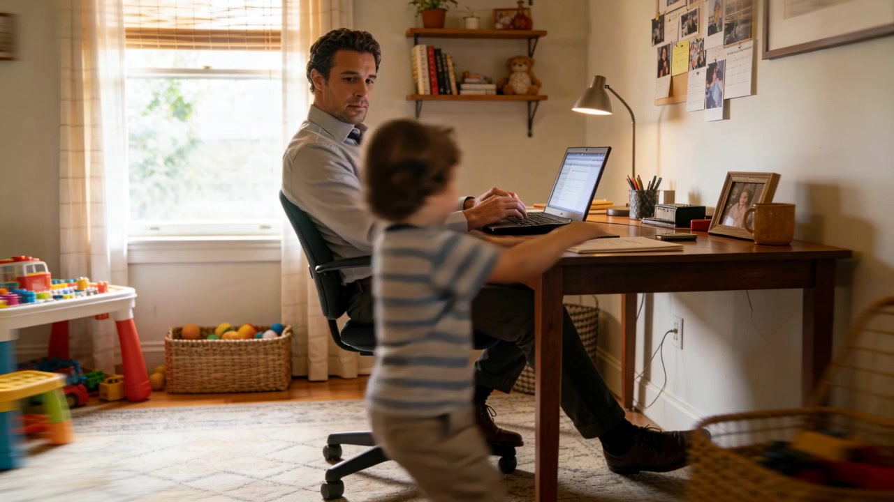 Glancing father wearing tie typing on laptop in home office, child running and seeking attention