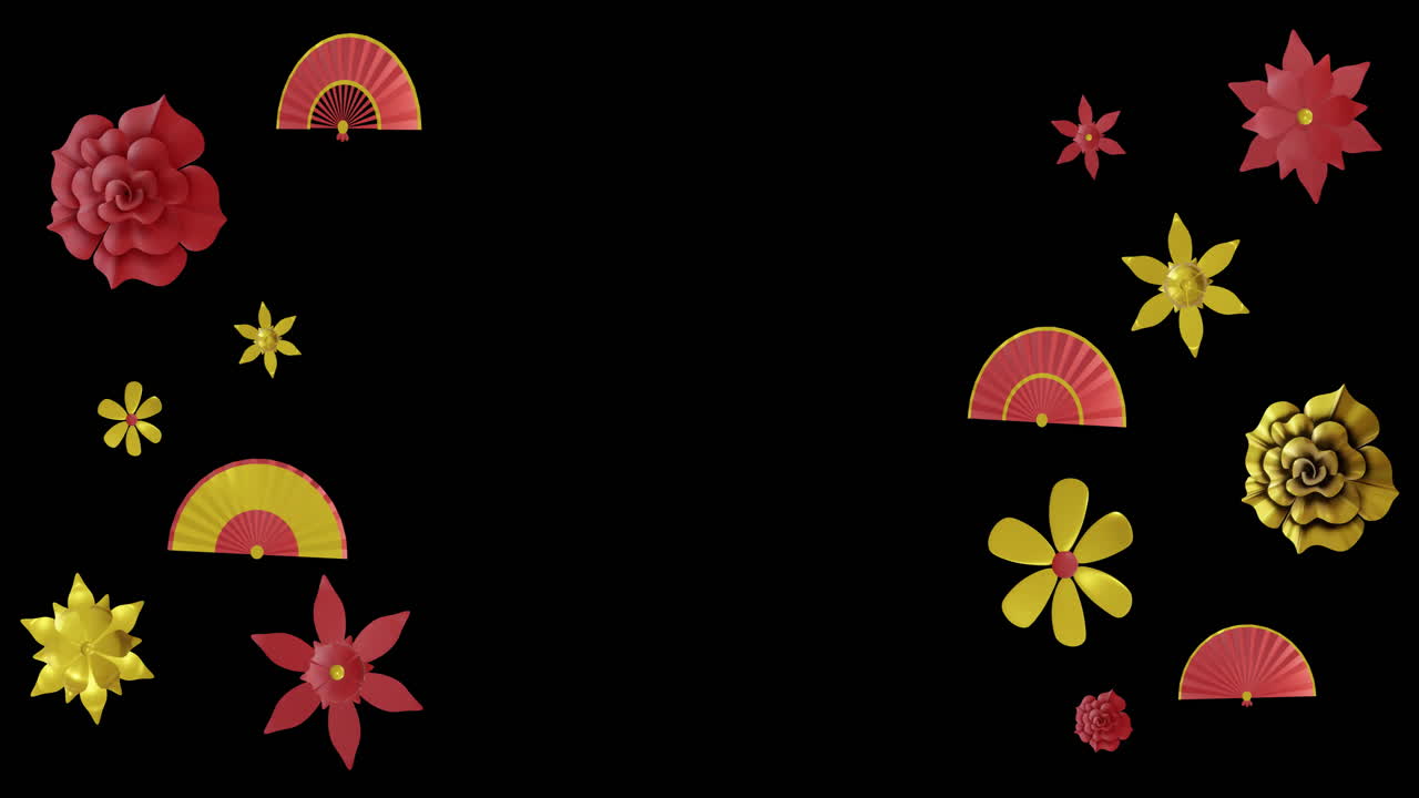 검은색 배경에 복사 공간과 함께 중국의 빨간색과 금색 패턴의 애니메이션