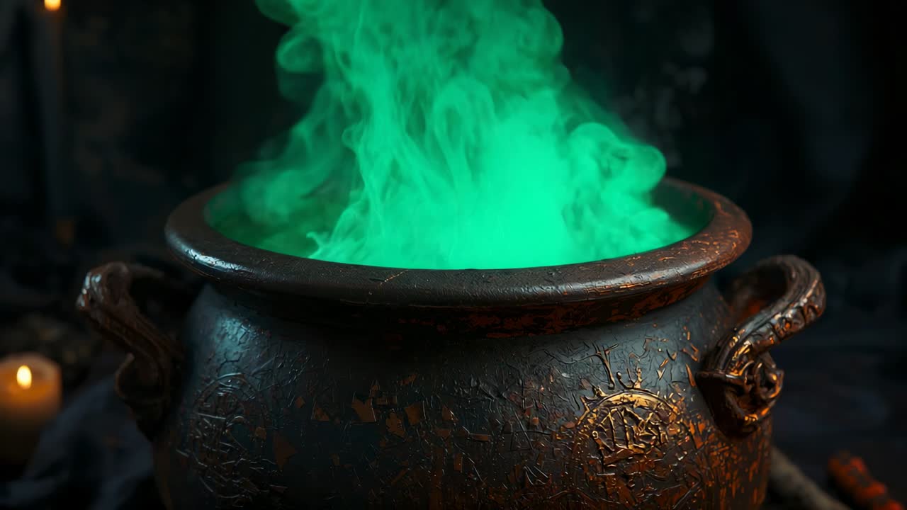 Pulsing neon green glow inside metal cauldron, rising mist in stone chamber with lit candle, logs