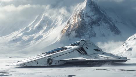white spaceship on a snowy mountain landscape