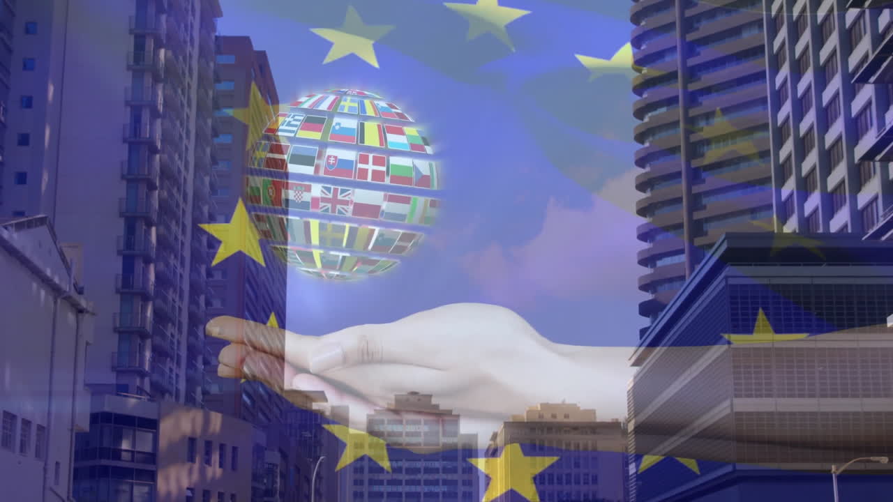 3D globe being held by open hand above urban cityscape, featuring EU stars overlay and skyscrapers