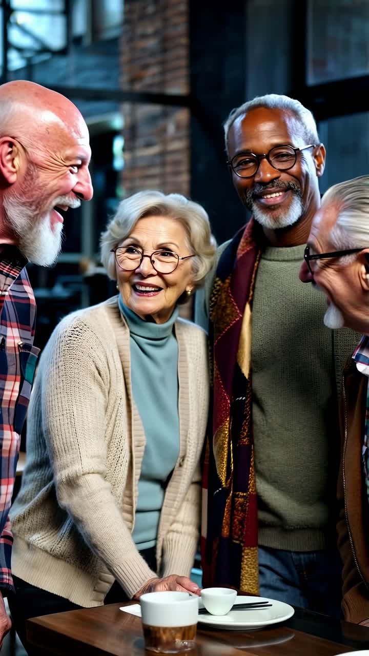 Three multicultural older men are laughing