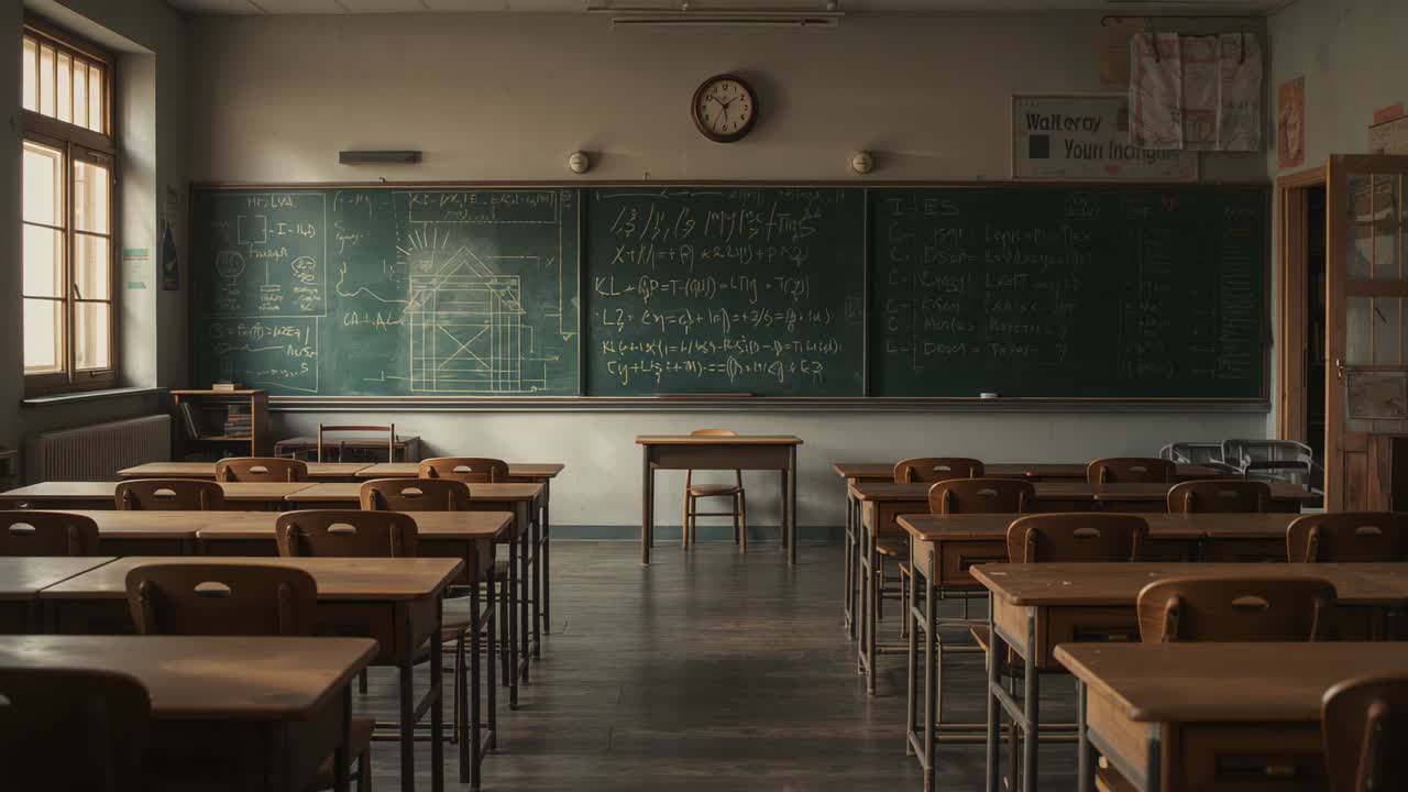 Ripresa panoramica che cattura un'aula scolastica vuota, rivelando lavagna, cattedra, sedie