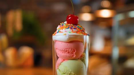 delicious multi-scoop ice cream sundae with whipped cream, sprinkles, and cherry