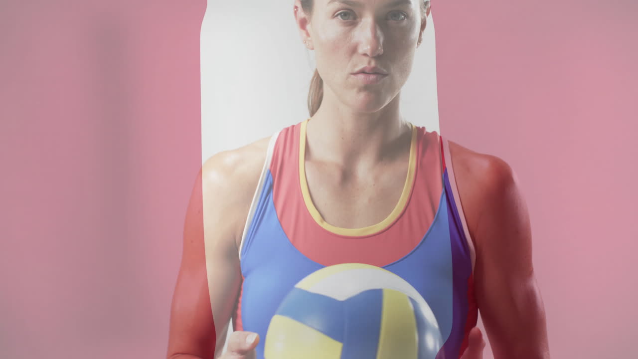 animación de la bandera de austria sobre una jugadora de voleibol caucásica