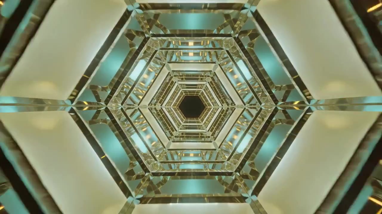 Moving camera revealing mirrored hex tunnel in corridor, showing gold struts, teal lights for depth