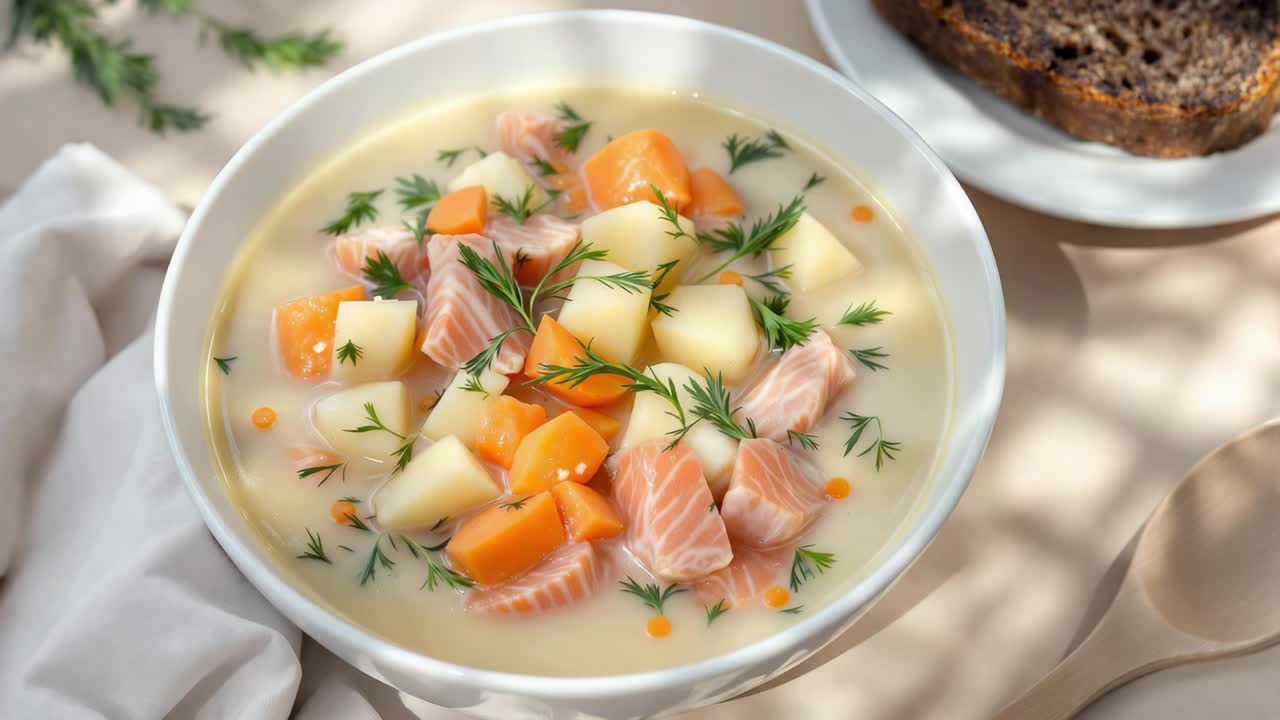 Creamy salmon soup offering nutritious warmth, garnished with fresh herbs in pristine white ceramic bowl