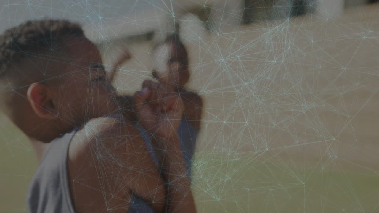 Dancing, young people with digital network animation overlay in school setting