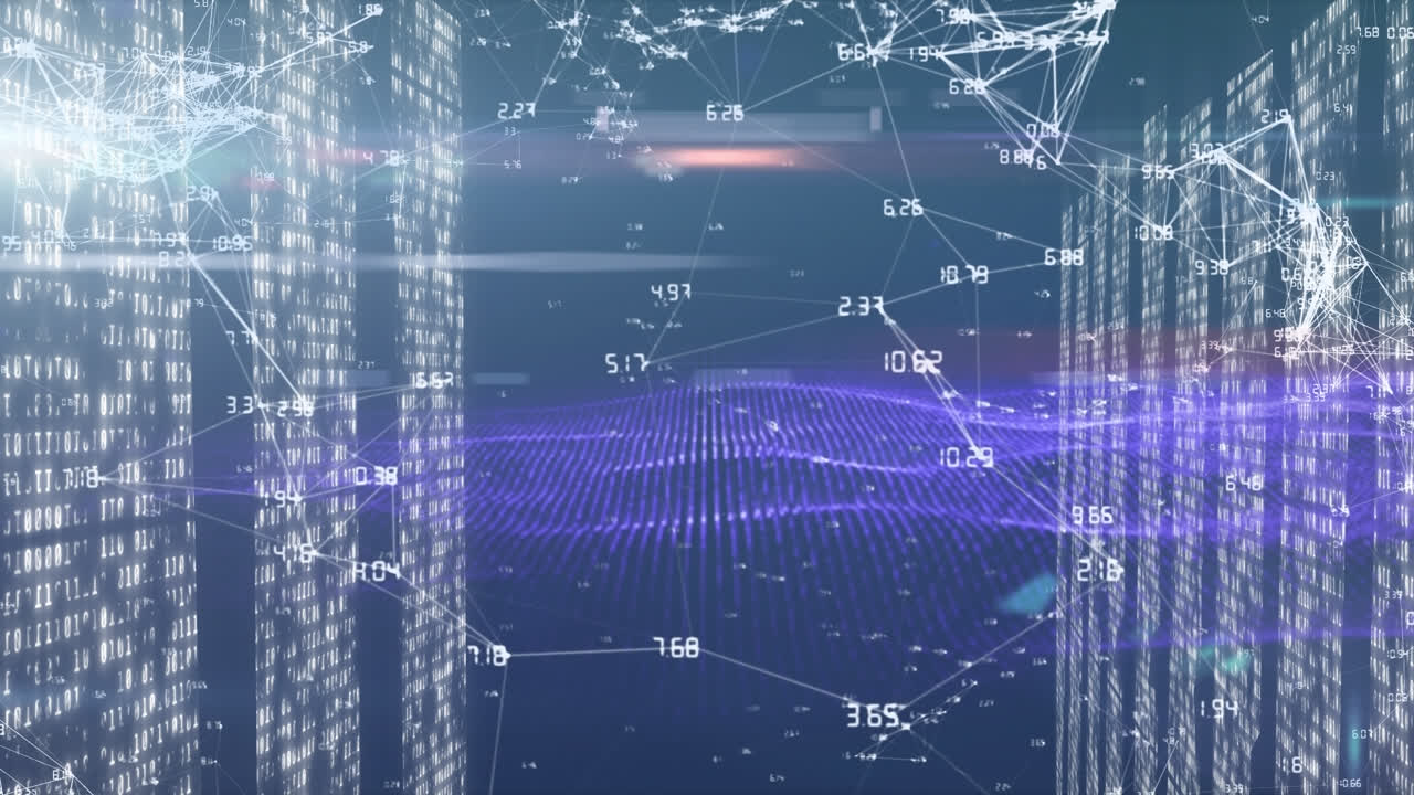 금융 데이터와 연결되는 네트워크 점의 애니메이션, 디지털 인터페이스의 와이어 프레임 패턴