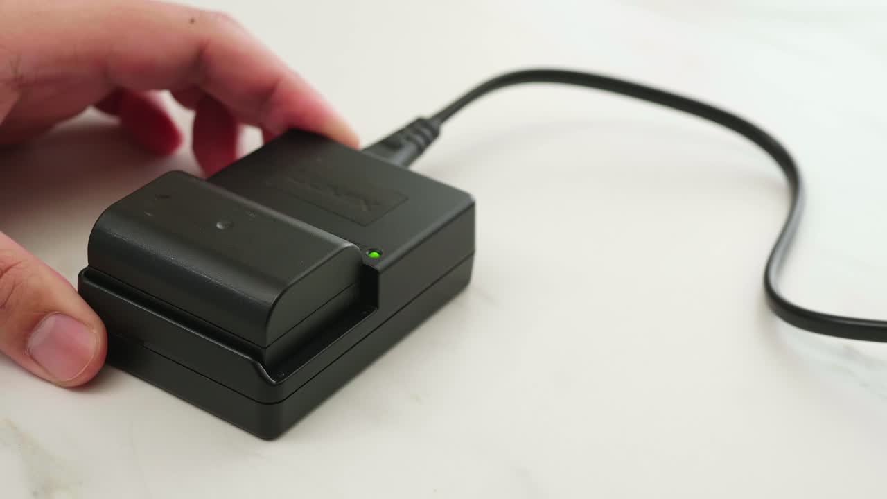 리튬 이온 카메라 배터리를 충전하는 클로즈업 샷