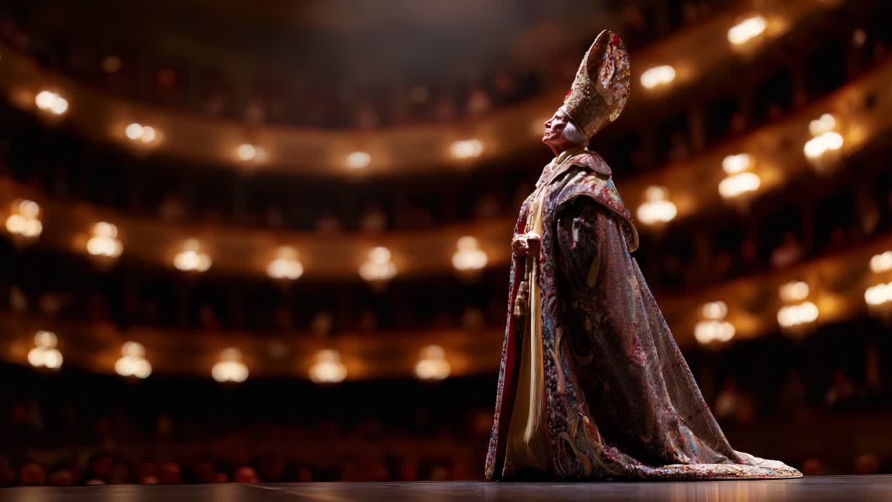 The Majestic Performer: An Enchanting Soloist in Ornate Attire Captivates the Audience on Stage, Illuminated by Soft Lights Against a Lavish Theatre Backdrop
