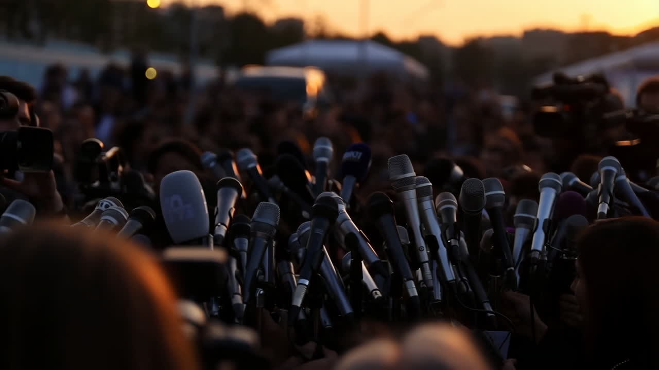 A multitude of microphones at a media event or press conference during sunset or dusk