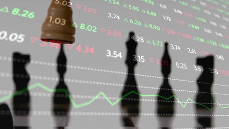 stock market data animation over chess pieces on reflective surface