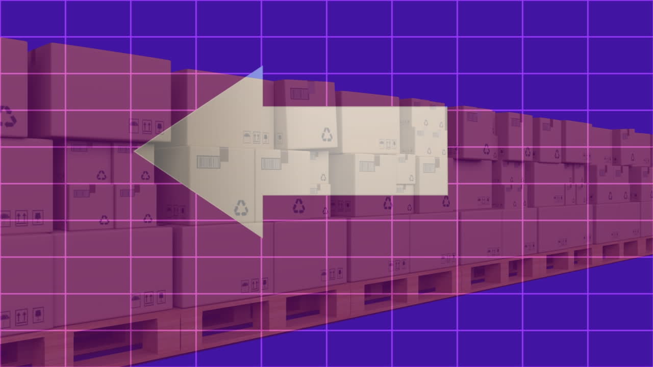 화살표 아이콘은 파란색 배경에 컨베이어 벨트에 있는 여러 상자 위에 그리드 네트워크에서 이동합니다.