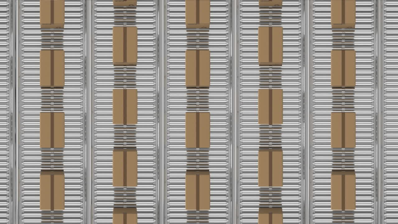 анимация картонных коробок, движущихся на конвейерных лентах