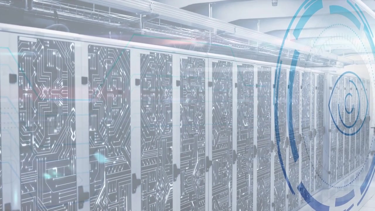 Data center servers filling frame, HUD overlay fading in and expanding, showing live status