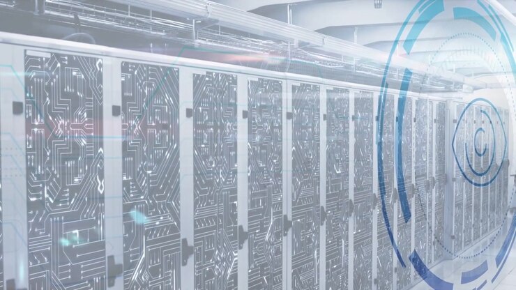 Data center servers filling frame, HUD overlay fading in and expanding, showing live status