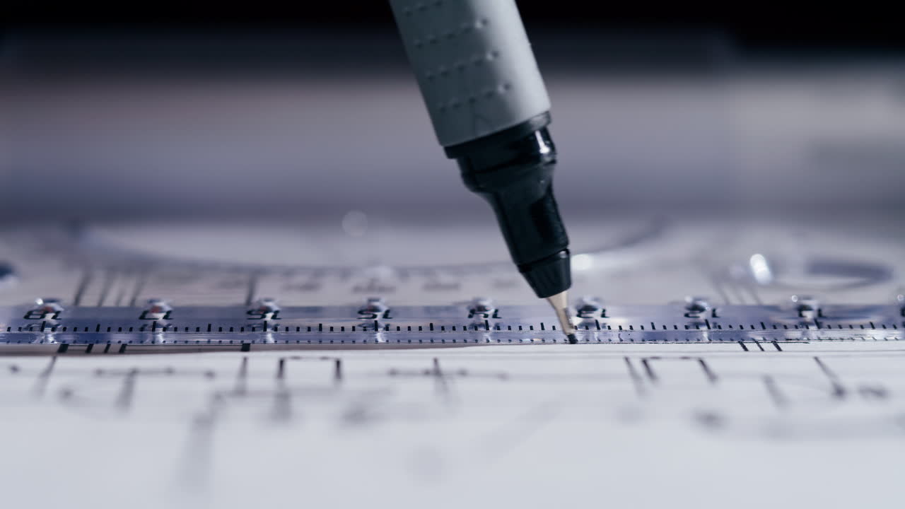 Close-Up of a Pen and Ruler on a Technical Drawing