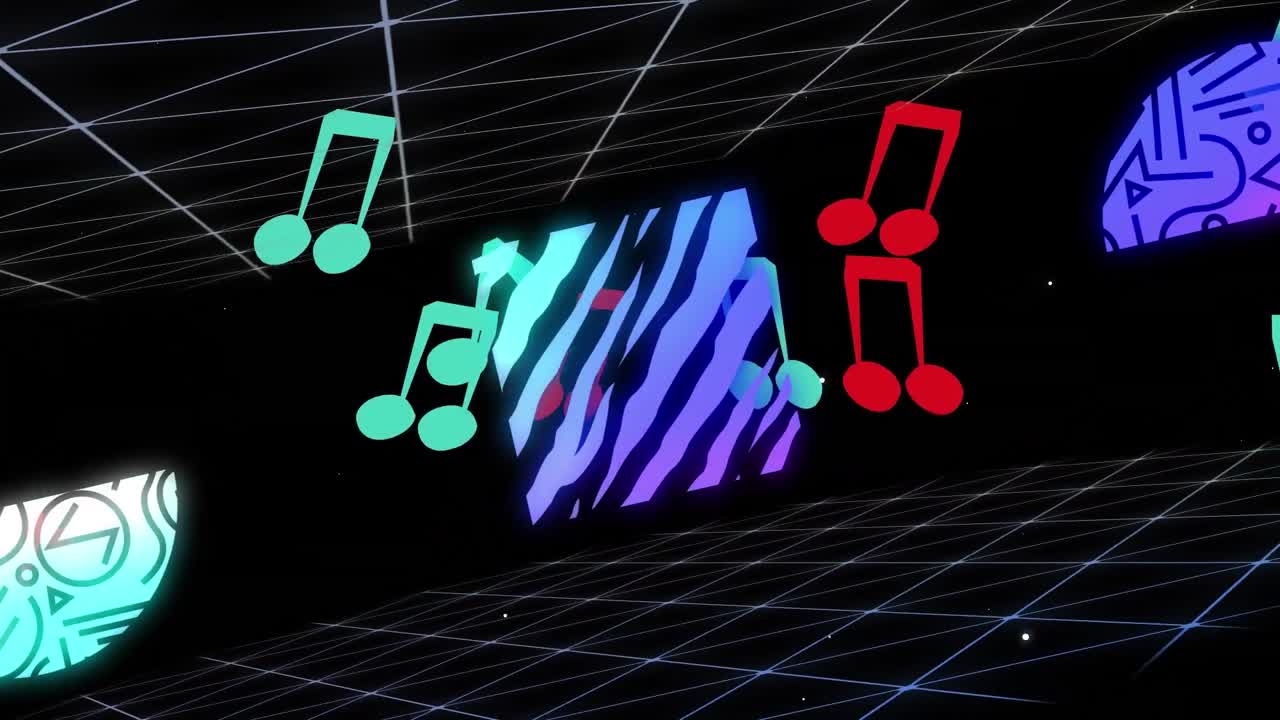 검은색 배경에 노트 위에 움직이는 네온 모양의 애니메이션