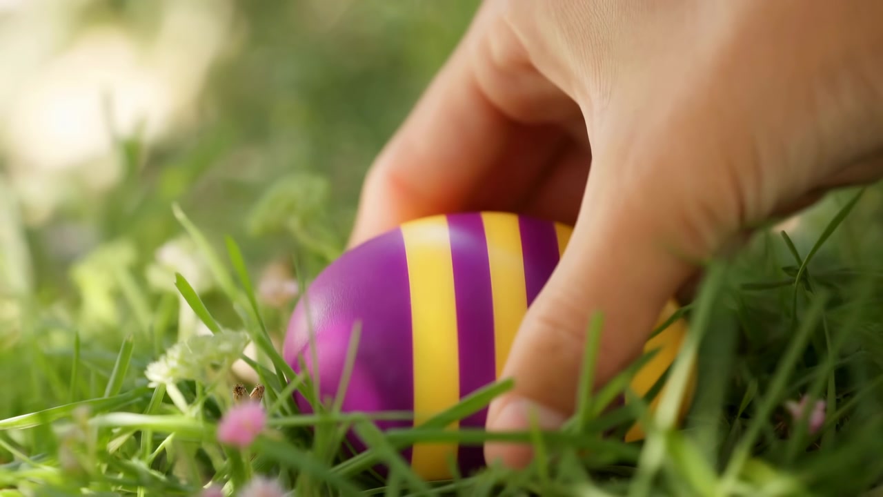 Nahaufnahme auf Bodenniveau einer Hand, die sanft ein gestreiftes lila-gelbes Ei zwischen frischem Gras und winzigen Klee-Blüten platziert, wodurch eine sanfte Frühlingsfarbe und festliche saisonale Stimmung entsteht, mit Ostern, Ei