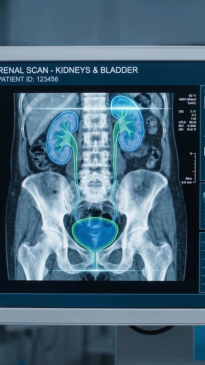 Medical Monitor Displaying Renal Scan of Kidneys and Bladder