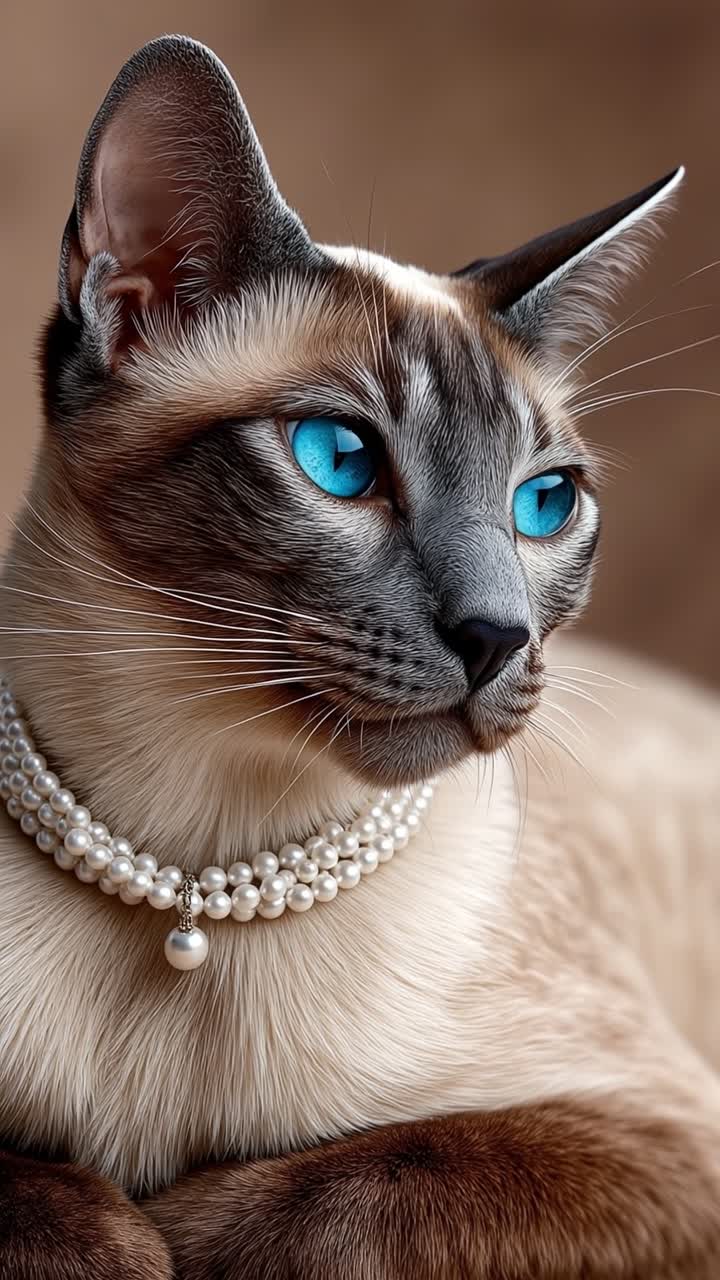 Elegante gatto siamese con occhi blu penetranti che indossa una lussuosa collana di perle come accessorio su uno sfondo morbido.