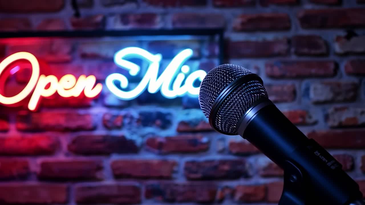 마이크는 벽돌 벽에 있는 네온 오픈 마이크 표지판을 가리키며 공연과 코미디를 위한 활기찬 분위기를 조성합니다.