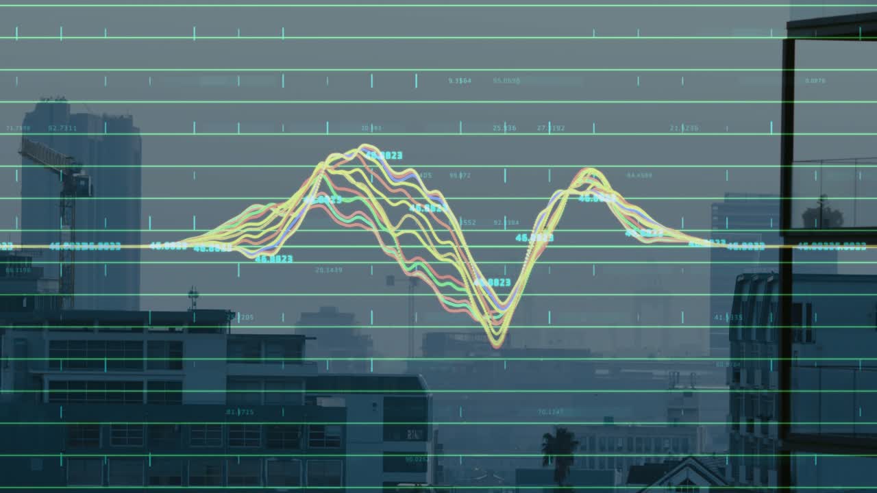 Dawn light hitting skyline gridlines starting colorful waveform swelling labeling tracking data