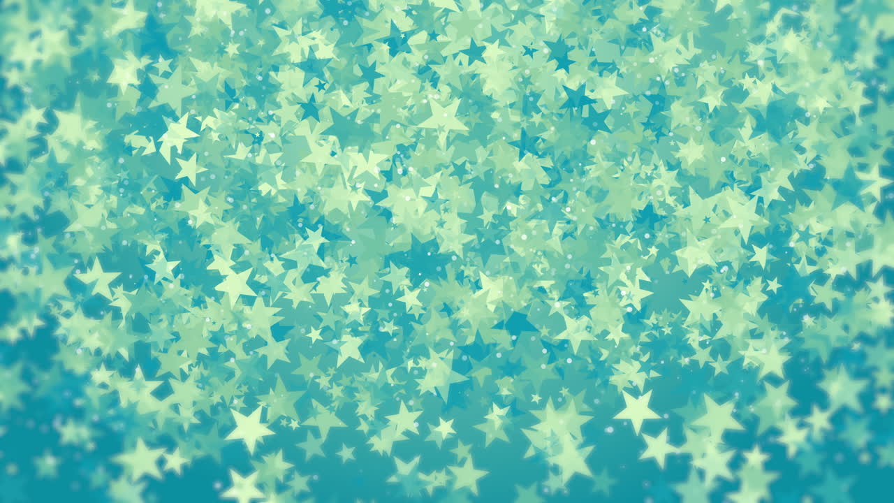 Green bokeh background with blurred light. Festive abstract background with glitter stars shape. Sea soft loop animated gradient backdrop.