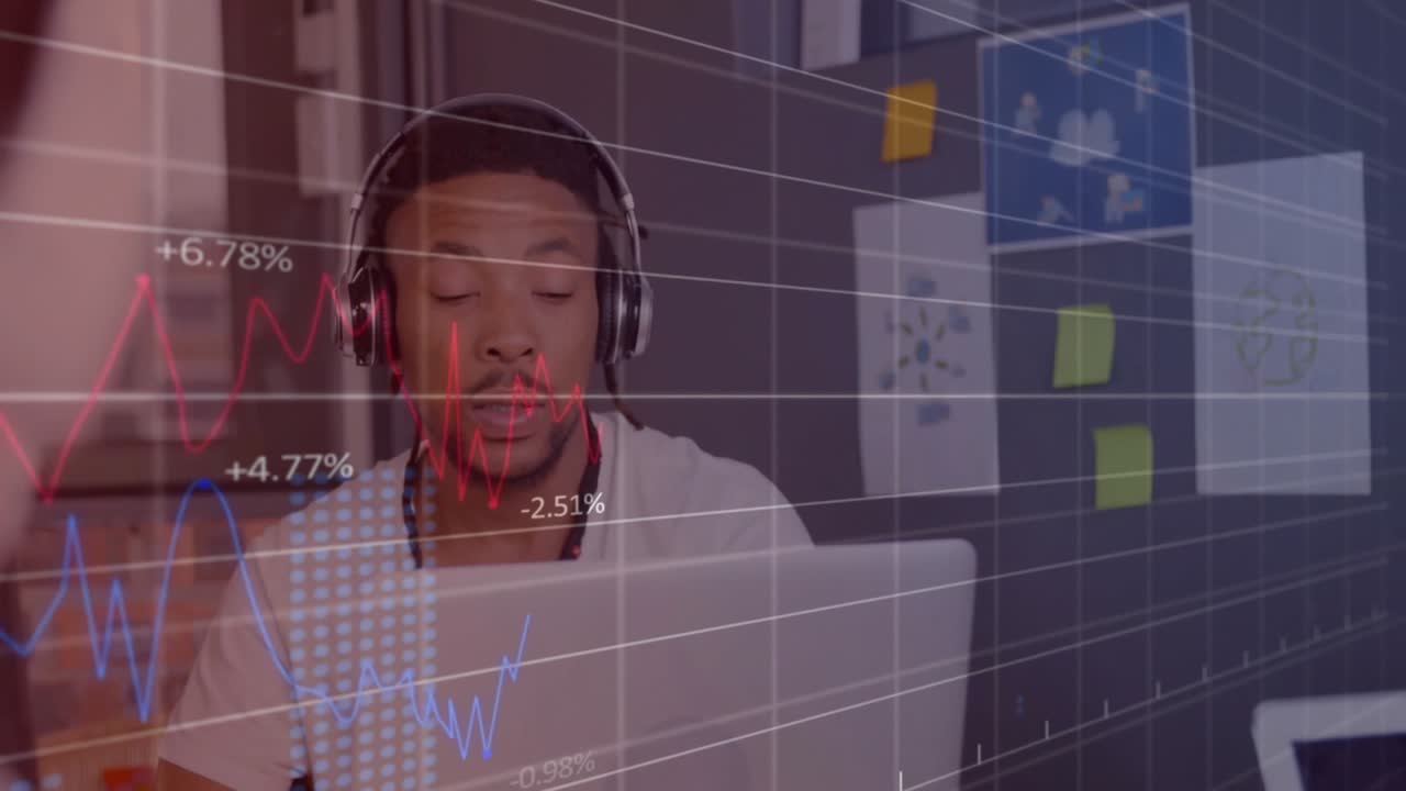 Uomo che analizza dati sul laptop nel suo home office, mostrando grafici finanziari su schizzi e post-it