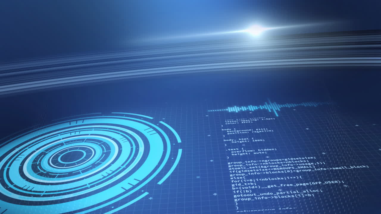 Animation of data processing and scope scanning over blue background