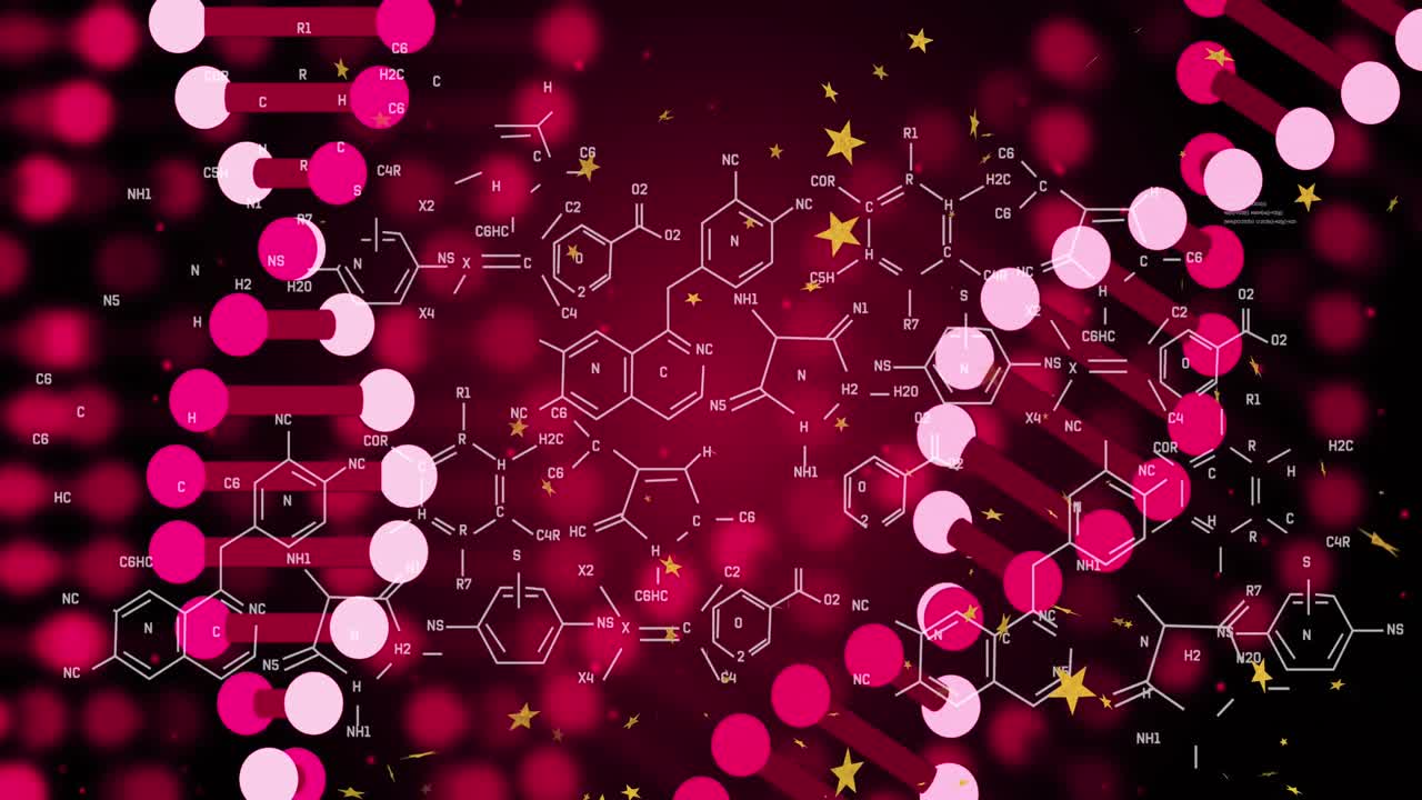 분홍색 배경에 황금색 별, dna 및 화학 구조의 애니메이션