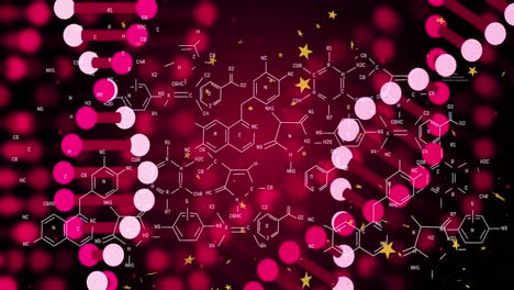 Animation-of-golden-stars,-dna-and-chemical-structures-against-pink-background