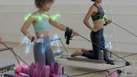 exercising with resistance bands, women showing heart rate and oxygen saturation animation