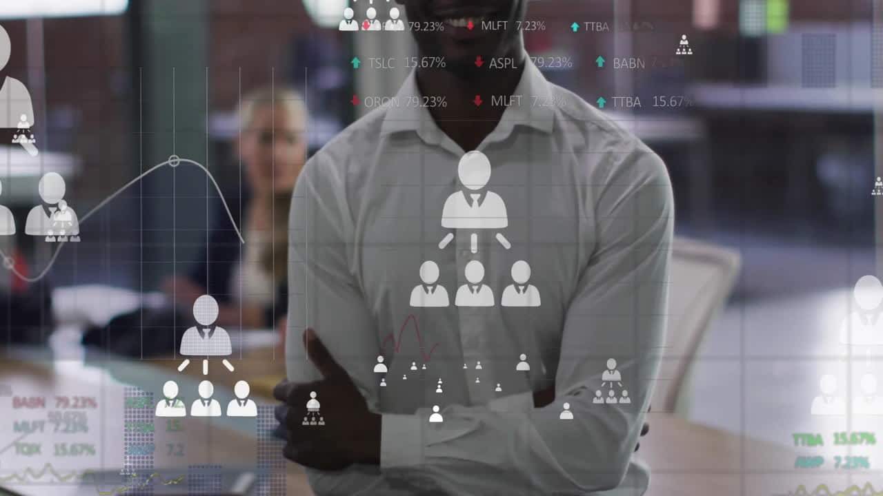 Animation of media icons and data processing over happy african american businessman
