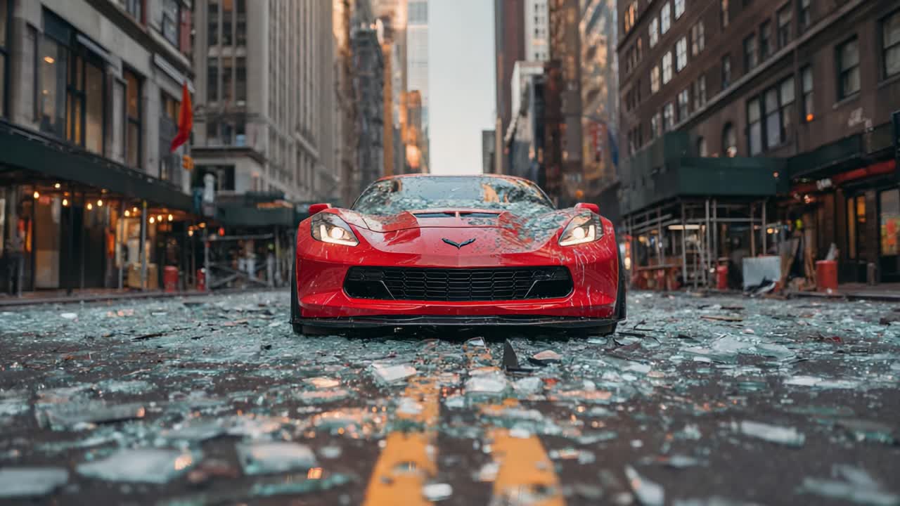 A Stunning Red Sports Car Amidst Shattered Glass in an Urban Street Setting, Capturing the Aftermath of a Dramatic Scene in an Aesthetic Cityscape