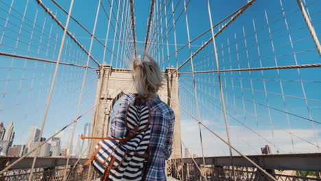 a serene woman fun runs through the brooklyn bridge rejoices in her trip to new york