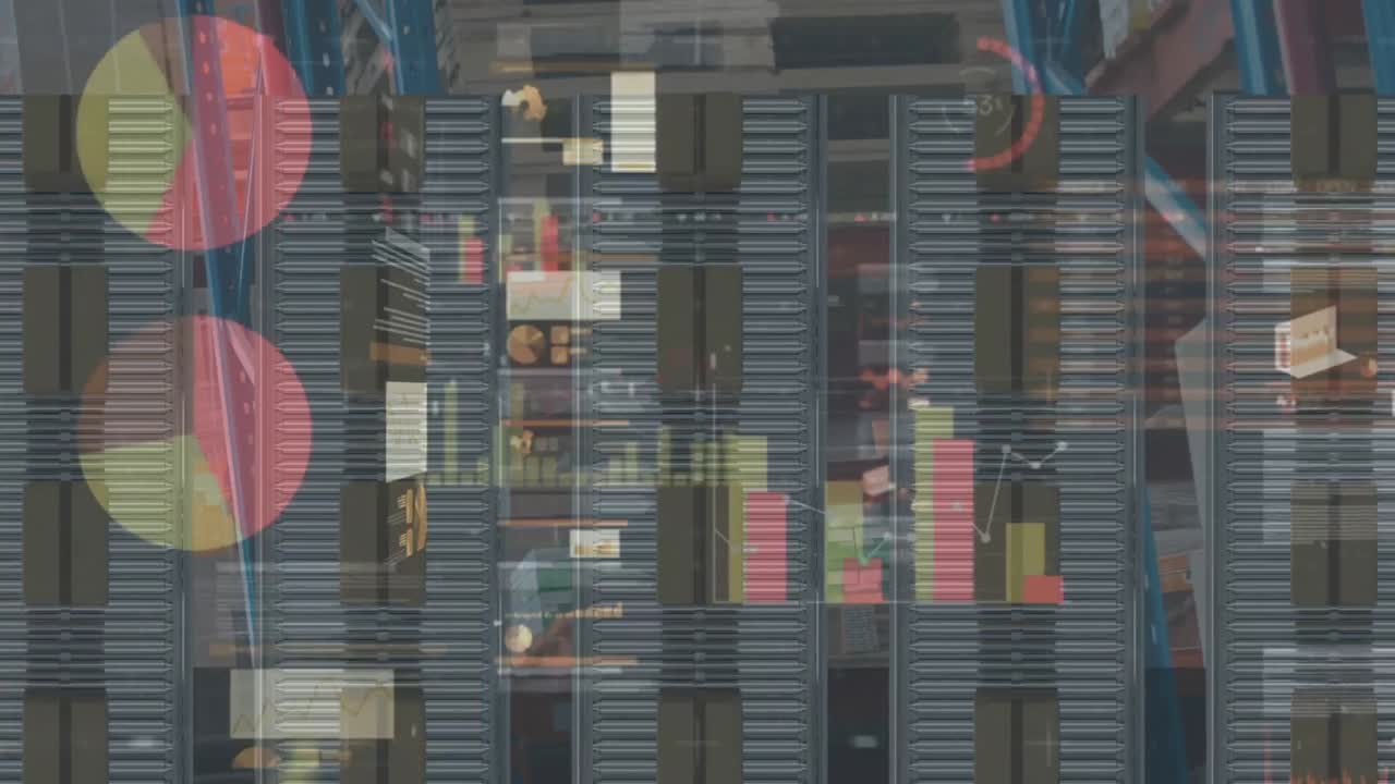 Animation of statistics processing over cardboard boxes on conveyor belts in background