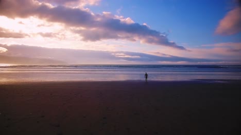 surfer walking towards the sea at sunset 4k