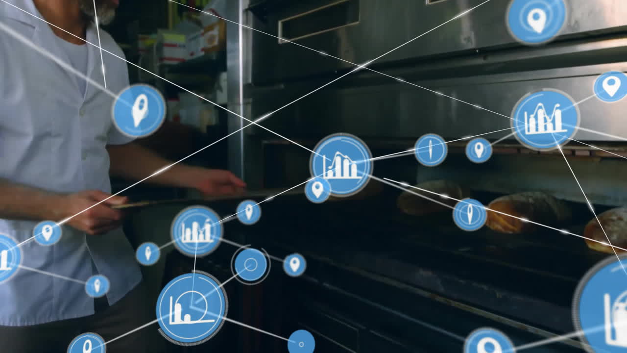 animación de la red de conexiones con iconos sobre panadero caucásico en la cocina